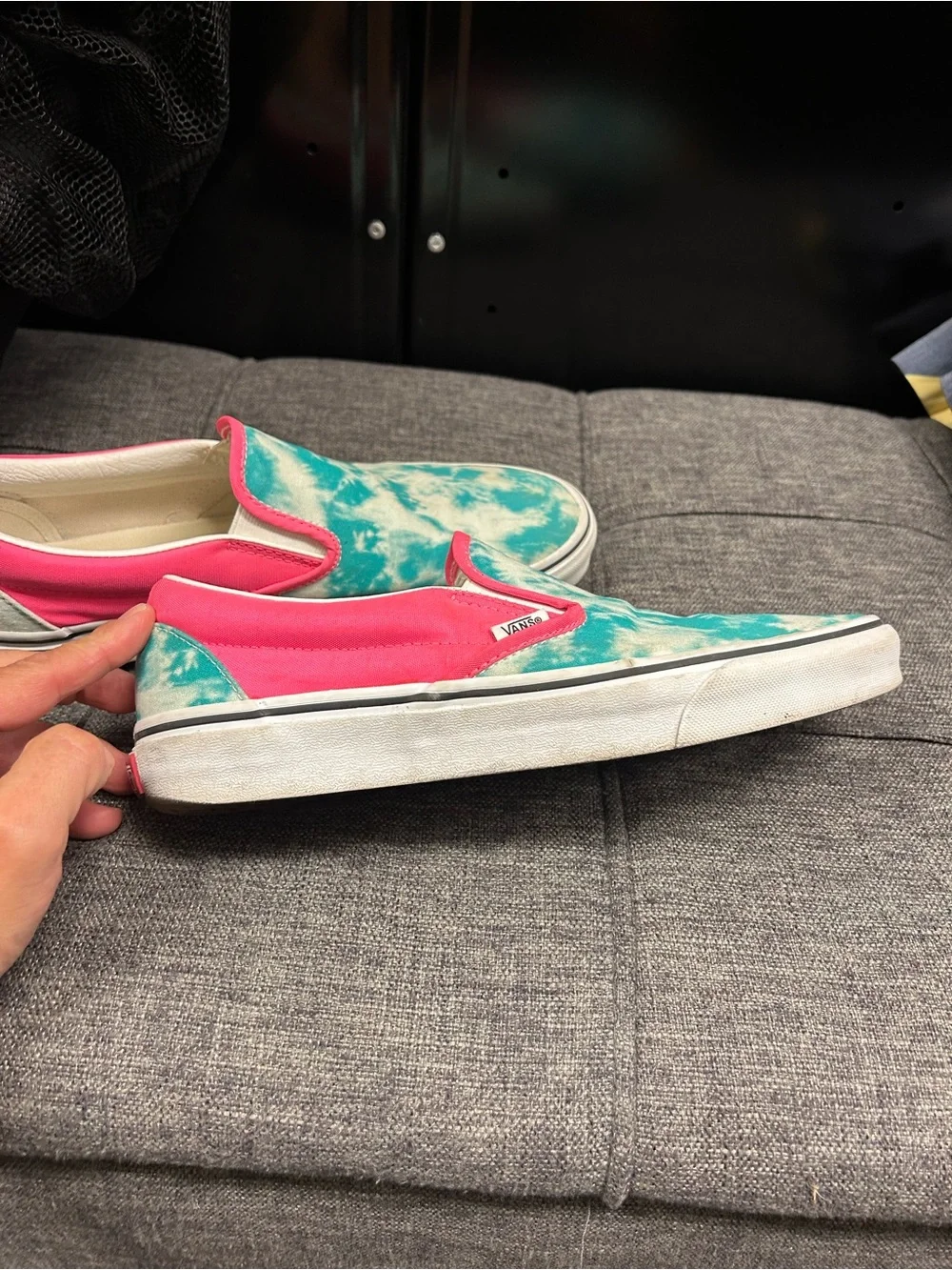 Vans Custom Slip-On Sneakers in Teal & Hot Pink. Size 9.5 men’s. Gently worn